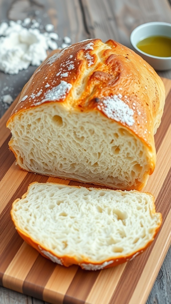 Freshly baked sourdough French bread on a cutting board with slices cut, surrounded by flour and olive oil.